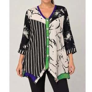 Isabella Abstract Patchwork Tunic Top Asymmetrical Hem Art to Wear Lagenlook S
